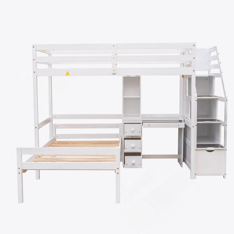 Lit mezzanine simple avec lit autonome, escalier de rangement, bureau, tablettes et tiroirs, Blanc