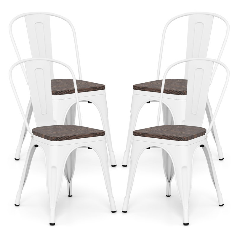  Ensemble de 4 chaises de salle à manger empilables en métal avec dossier haut amovible et siège en bois d'orme massif, chaises de cuisine et de café modernes pour la maison, le restaurant et le bureau, blanc