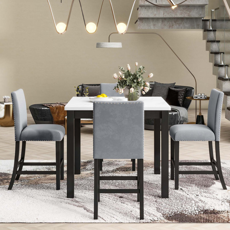 Ebeling 4 - Person Faux Marble Top Four Leg Dining Set, 36" H x 40" W x 40" D, Gray