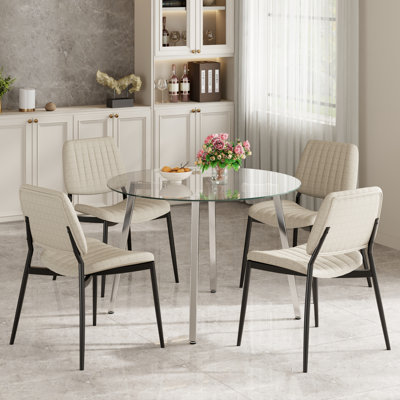 Ensemble de table de salle à manger 5 pièces en verre de Pâques, table de salle à manger moderne en acier inoxydable avec pieds en métal, chaises de salle à manger rembourrées en lin respirant