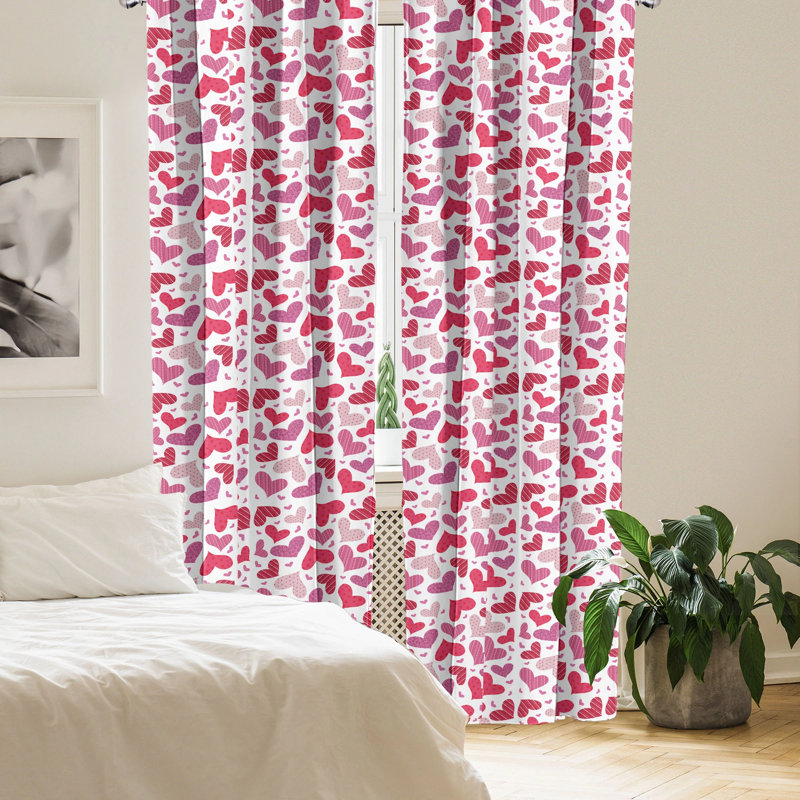 Coral and Pink Heart Pattern Room-Darkening Polyester Curtain Panels