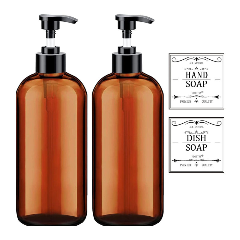 Amber Soap Dispenser Set 16oz Plastic Pump Bottles 2 Pack