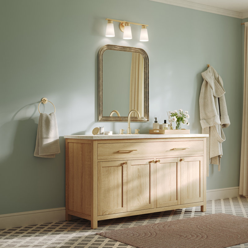 Éclairage pour salle de bain à 3 lumières 22,25 pouces avec verre satiné gravé Stamos, Satin Etched, Brushed Gold, 3