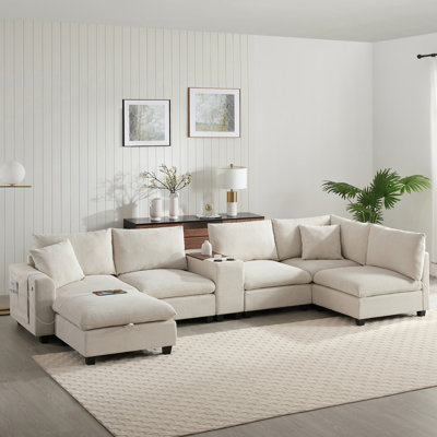 140" Oversized Modular Sectional Sofa With Movable Storage Ottoman And Console, Removable Storage Pockets, Cup Holder, Wide Seat, USB Charger, 6 Seat U Shaped Couch