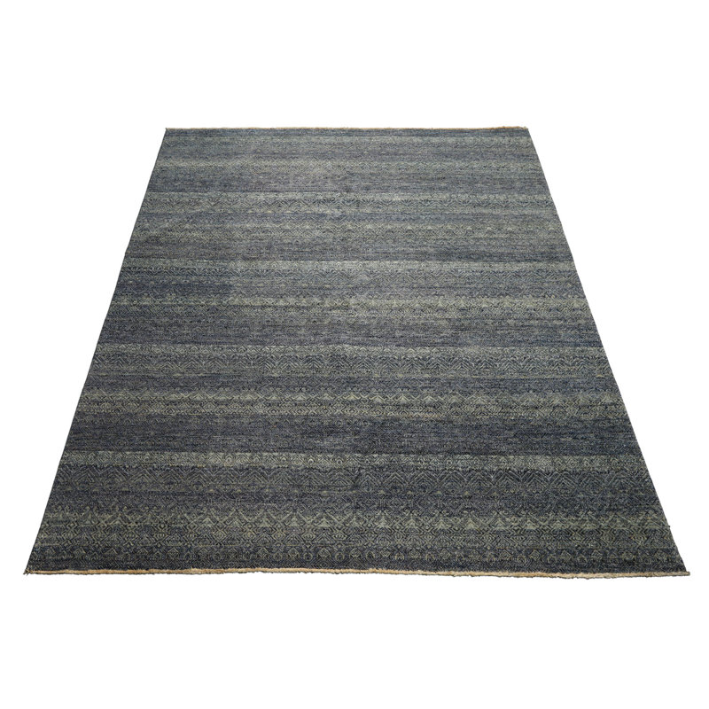 Tapis texturé transitionnel bleu en laine noué à la main 8 x 10 8 po
