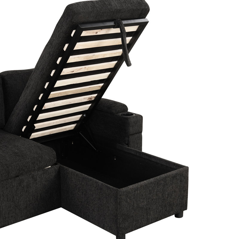 American Design Sectional With Double Cushion, Storage, And Two Removable Ottomans For Living Room Comfort, Black Chenille