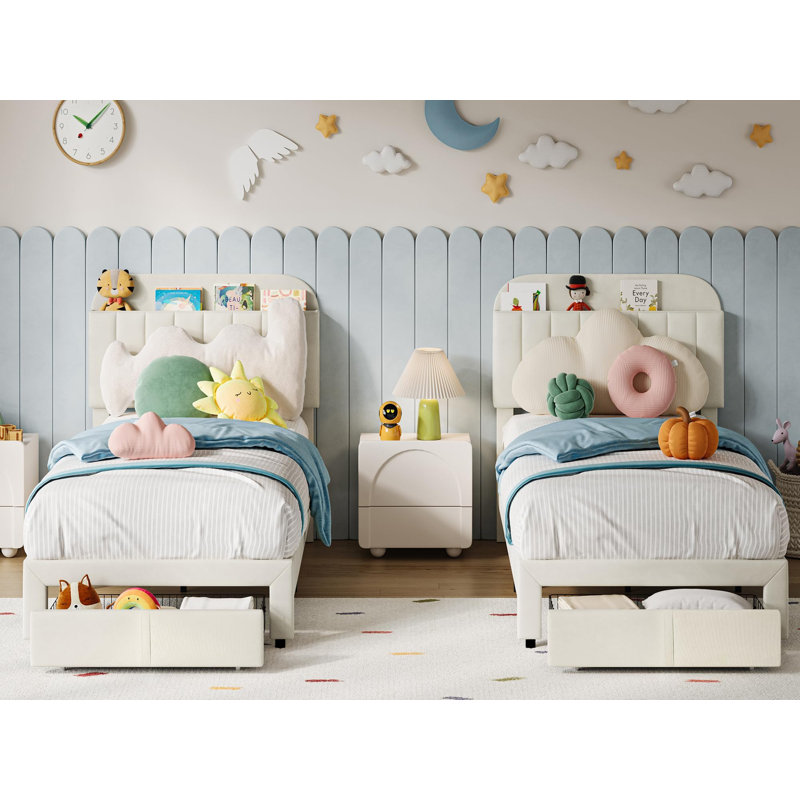 Twin Bed Frame with Bookcase Headboard & Storage Drawer, Cozy Velvet Upholstered Platform Bed for Kids, Beige