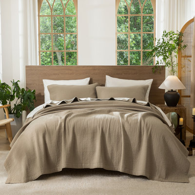 MooMee Lightweight Quilt Set 100% Washed Cotton Linen-Like Stripe Stitch Breathable All-season 