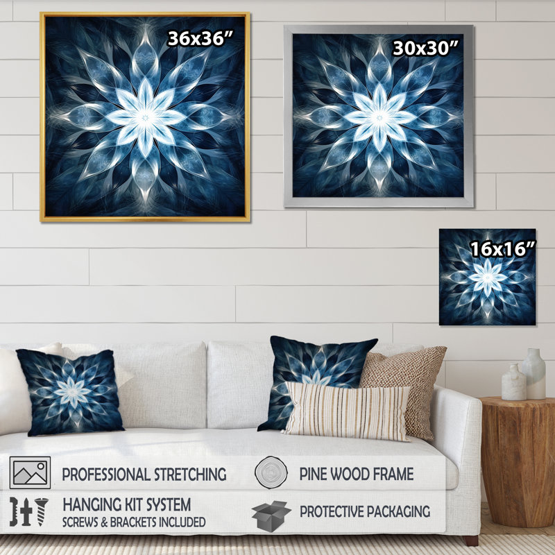 Turquoise et fleurs blanches fractales VI, H 30 po x l 30 po x P 1 po, Cadre flottant doré