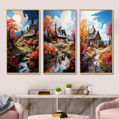 Fall Retreat Cottage Landscape I - Ensemble de salon mural 3 pièces