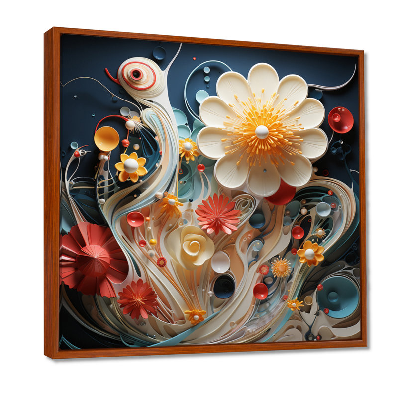 Blooming White Abstract Flower - Art mural floral moderne, Toile avec cadre flottant brun, H 30 po x l 30 po x P 1 po