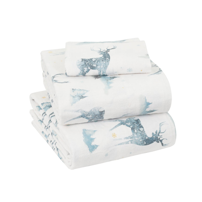 Colyt 100% Cotton Flannel Sheet Set, Twin Sheet Case Pack+Fitted Sheet + 2 Pillowcase, Stag