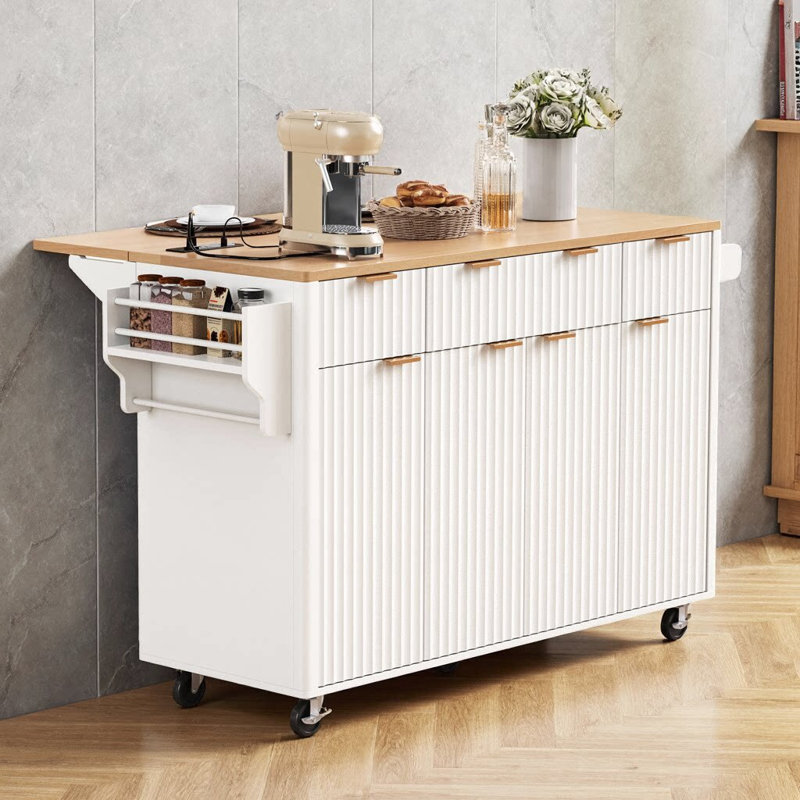 55.5" Fluted Kitchen Island with Storage | Rolling Kitchen Cart with Drop Leaf, Power Outlet & 4 Doors | Farmhouse Kitchen Island with 3 Drawers, Wood-Grain Top & Curved Edge