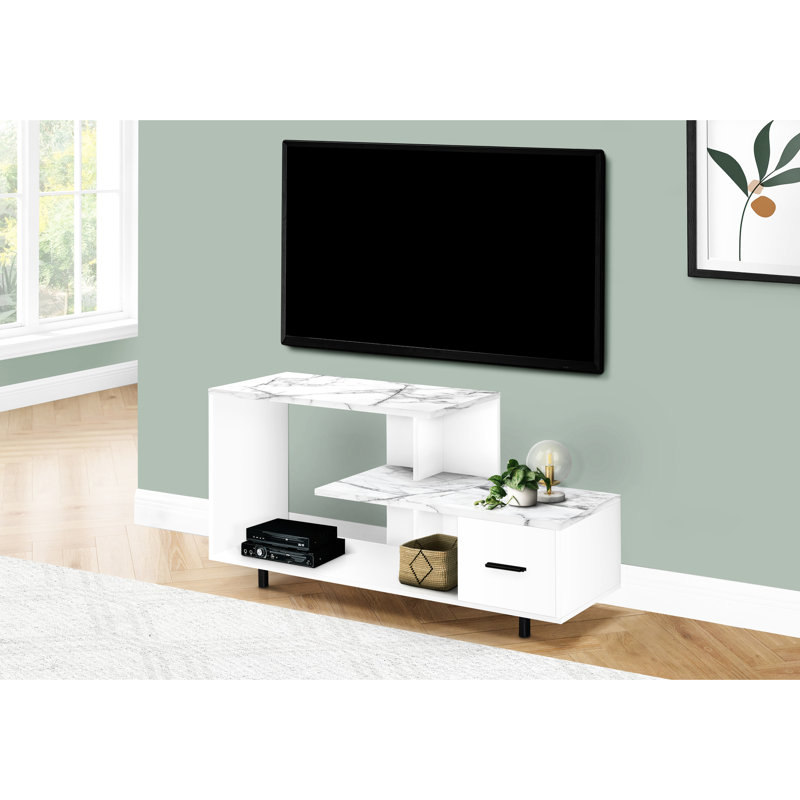 Meuble télé 48 po, aspect marbre blanc et fonction de rangement pour console de salon et de chambre à coucher, compartiment à motif de surface
