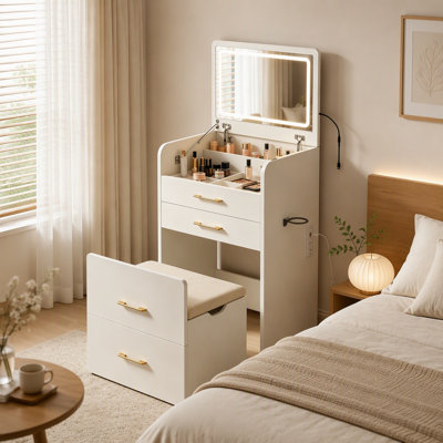 Meuble-lavabo 3 en 1 avec prise de courant et miroir DEL, coiffeuse rabattable de 23,6 po avec station de charge, 3 tiroirs, plateau en verre et tabouret rembourré pour la chambre à coucher