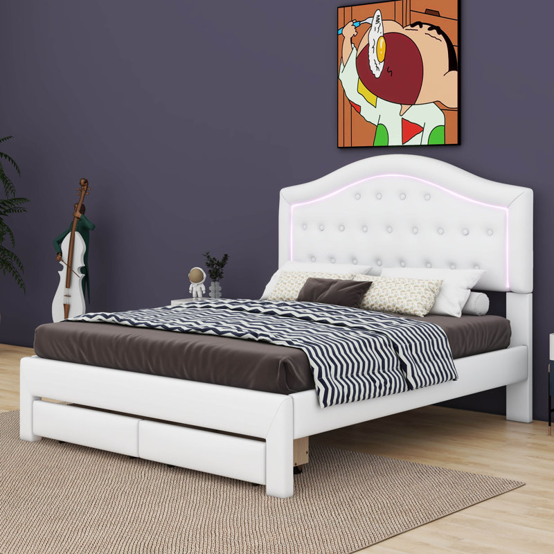 Lit plateforme tapissier Crettie avec tête de lit capitonnée, DEL et tiroir, Blanc, Grand