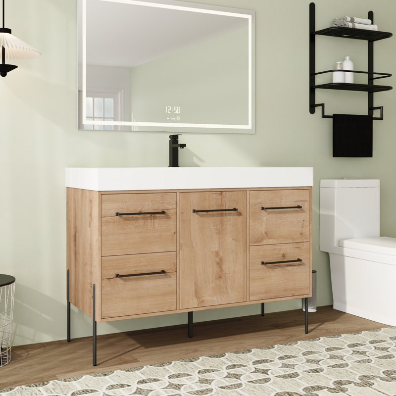 Meuble-lavabo simple autoportant 48 po avec plateau en résine et portes et tiroirs à fermeture en douceur Nyrith, 48''