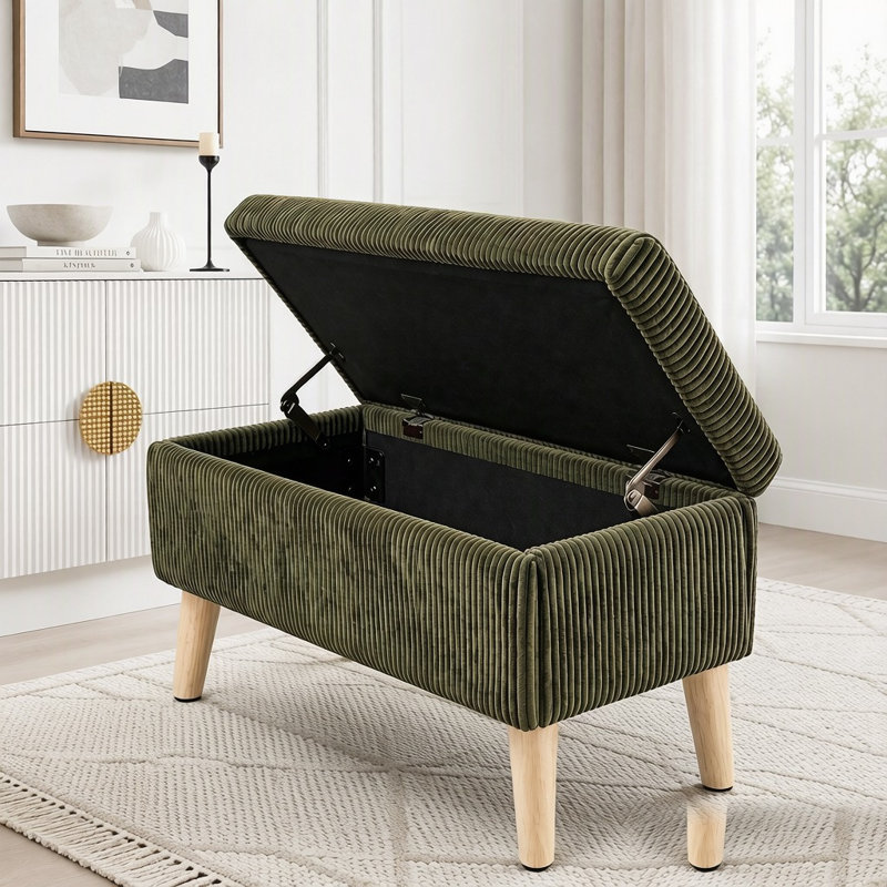 Banc de rangement en velours côtelé 32 pouces avec compartiment rabattable et pieds en bois massif, Green