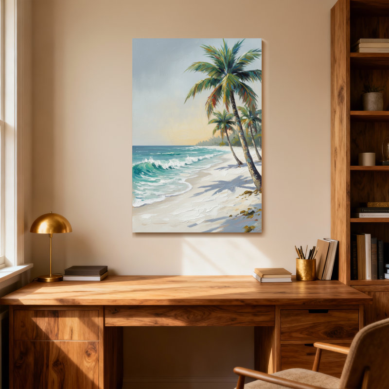 Plantes et fleurs, plage tropicale avec palmiers et vagues de l'océan, H 24 po x l 36 po