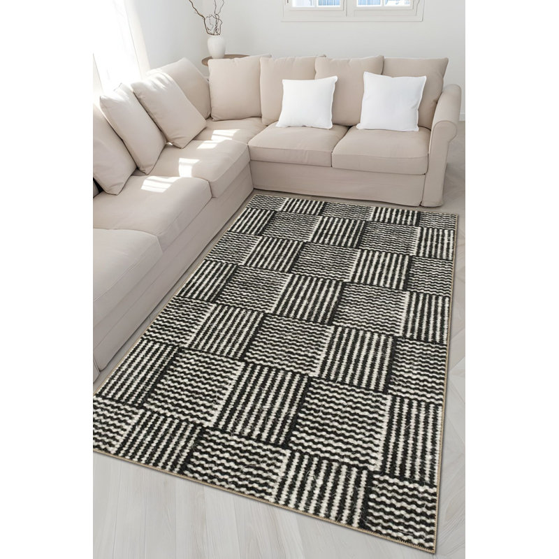 Tapis noir à motif géométrique à rayures, Sous-tapis carré 3 pi 3 po inclus