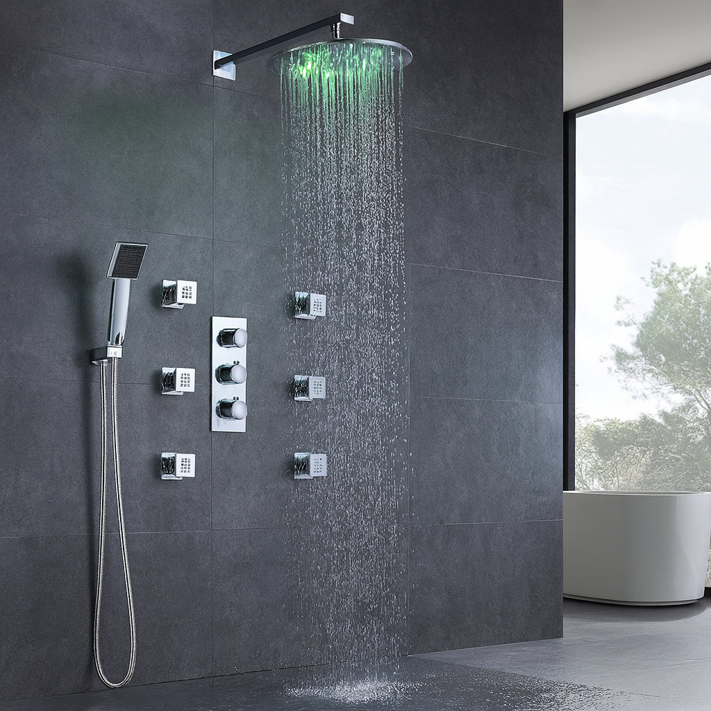 Trialo Solid Brass Color Changing LED Rain Shower Dynamic Lighting and Relaxing Rainfall Experience FontanaShowers Shower Head 