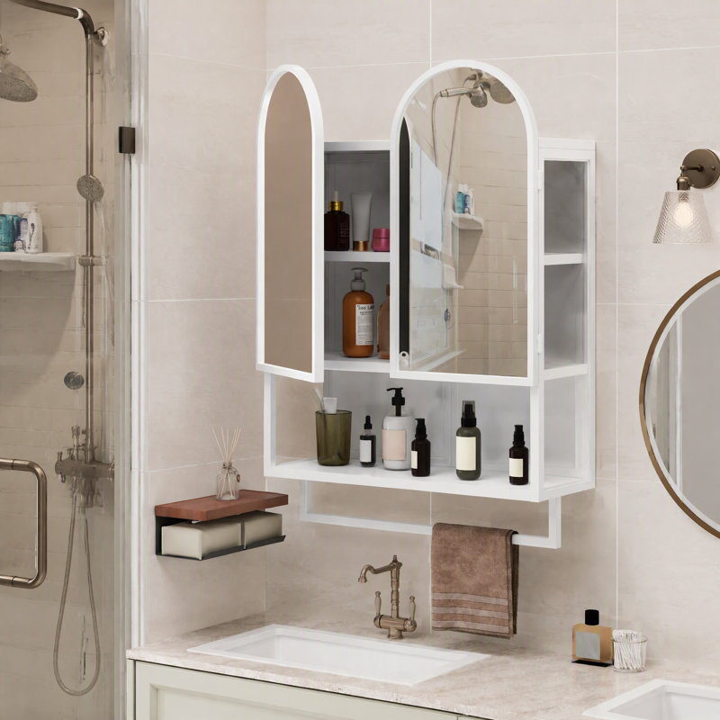 Armoire à pharmacie blanche à double miroir arqué de 60 cm (23,62 po), armoire murale métallique à 2 portes avec étagères et porte-serviettes