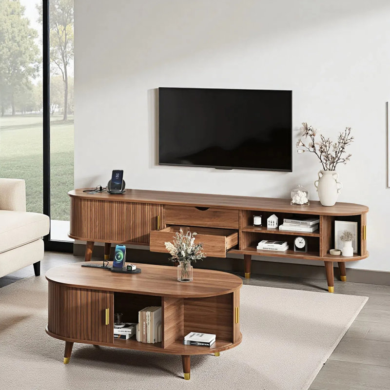 Ensemble de table de salon 2 pièces, meuble télé ovale en bois avec station de charge pour téléviseur de 80 po ou moins, table basse avec station de charge