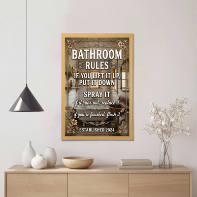 Bathroom Rules Vintage Decor Canvas Wrapped Wall Art Oil Painting Print With Floral And Rustic Design For Bathroom Decor