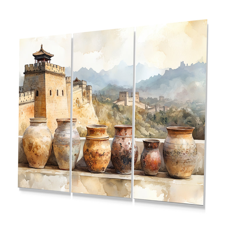 «Great Wall China Pottery» dans des tons de beige et de gris - ensemble d'art mural Boho Pottery, Métal métal