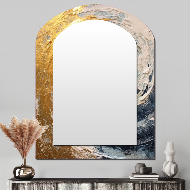 Nébuleuse spirale dorée et bleue - miroir mural unique en forme d'arche abstraite, 43 po x 33 po