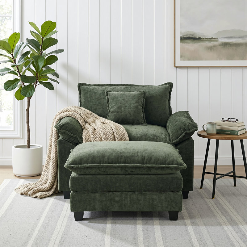 46" Chenille Oversized Accent Chair with Ottoman, Upholstered Lounge Chair, Green