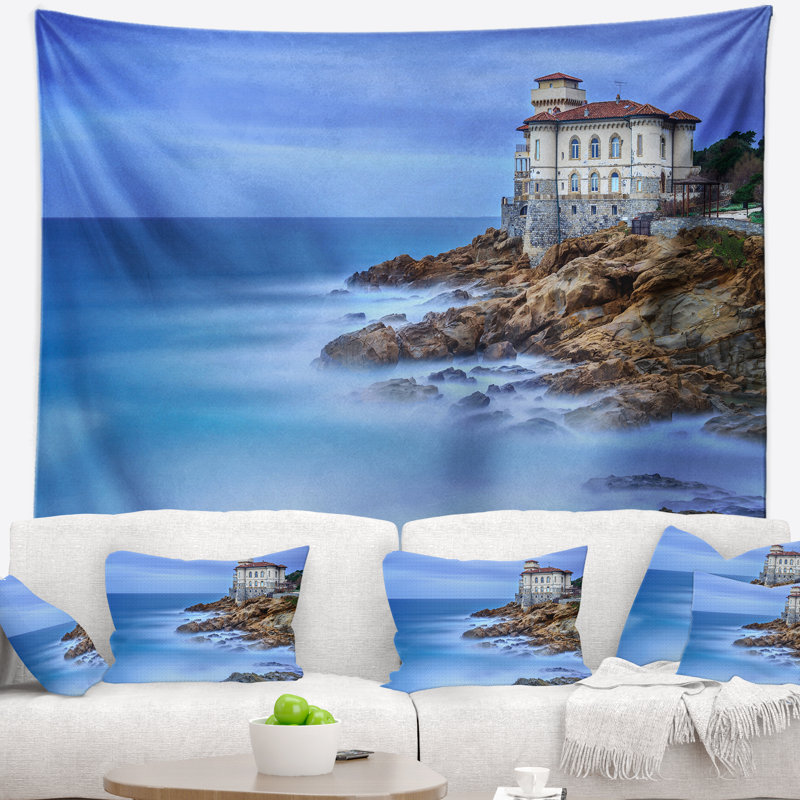 Magnifique tapisserie de paysage marin italien, H 32 po x l 39 po