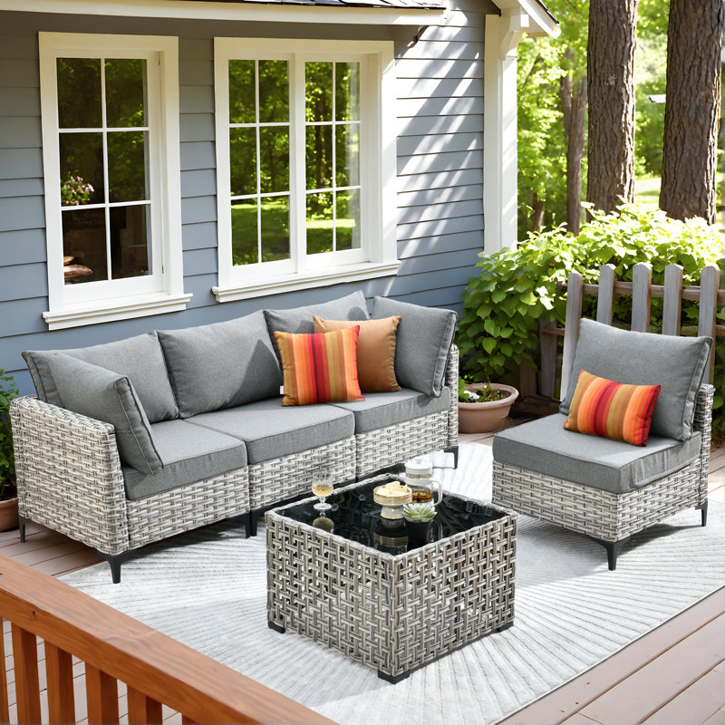 High Density Pe Rattan Woven Outdoor Sofa 5-piece Set With Luminous Coffee Table, Dark Gray