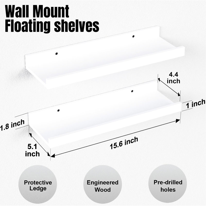 Modern White Floating Shelves Of 2. Engineered Wood Created, 20 Lbs Holding Force. Beautify Your Living Space. Simple Installation Process Included. Exhibit Collectibles 2 In Color. Composition,