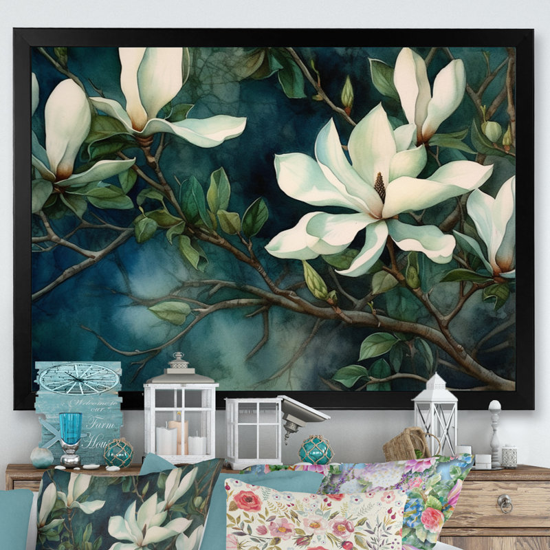 Magnolias vert et blanc - art mural floral pour le salon, H 34 po x l 44 po x P 1,5 po, Cadre simple noir