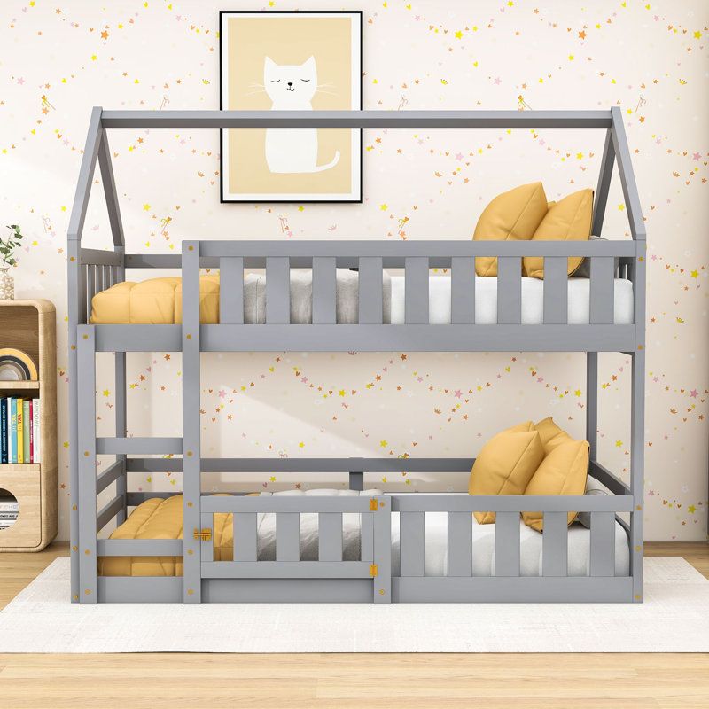 Lit simple superposé simple en bois avec échelle, Gris
