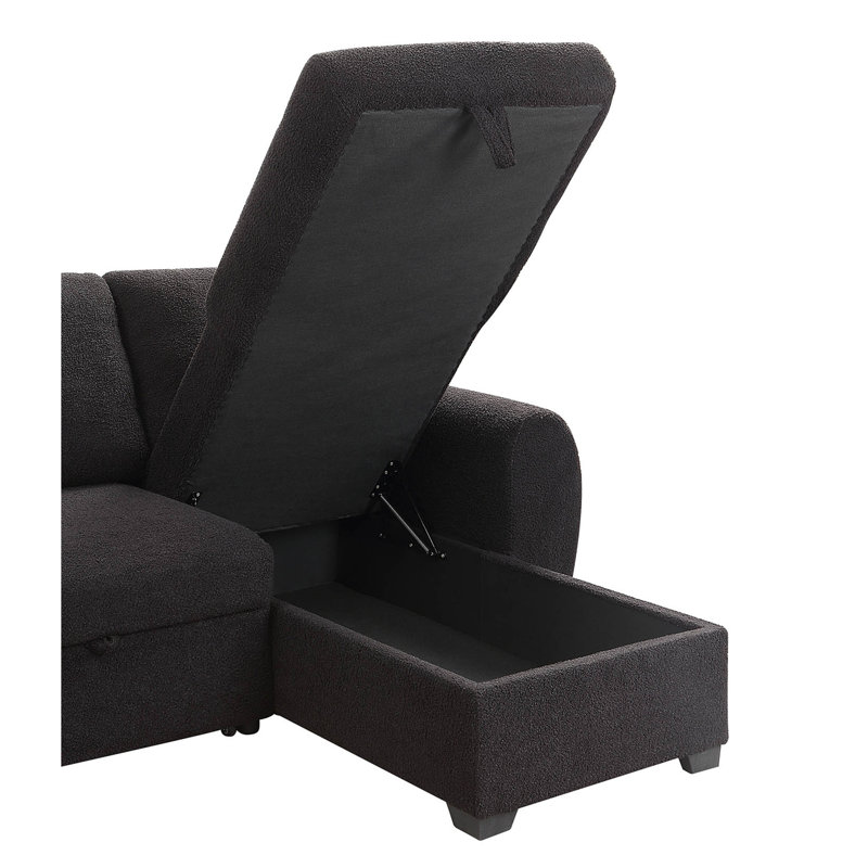 Veronica 95" Black Teddy Fleece Reversible Sleeper Sectional Sofa with Storage Chaise