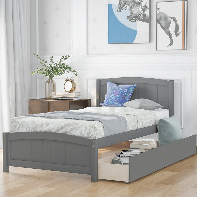 Lit plateforme avec deux tiroirs, Gris