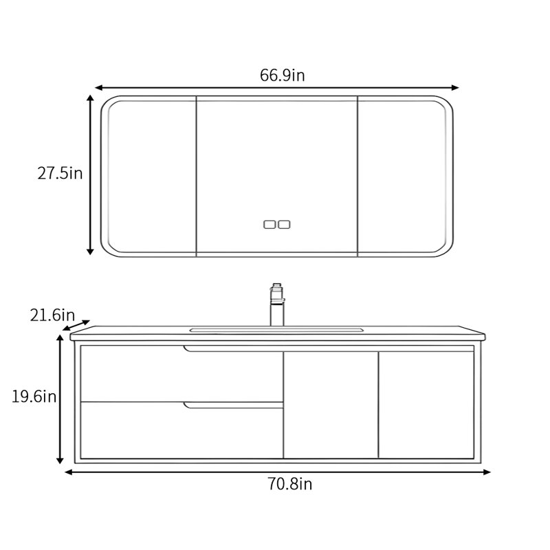 Minimalist retro style bathroom cabinet, 19.6" H x 70.8" W x 21.6" D