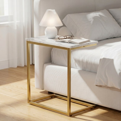 Gilsum C-Shaped End Table with Solid Wood Top & Steel Base, TV Tray for Living Room, Side Table Nightstand for Sofa Side, Bedroom