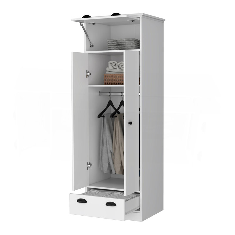 Double Door Armoire With Drawer And Hinged Top Compartment