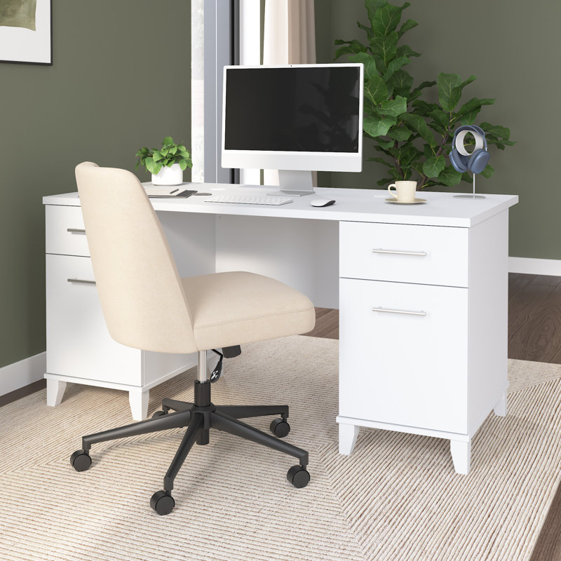 Kaionna 60” Office Desk with Drawers, Computer Office Desk with Storage, Modern Wood, White, White