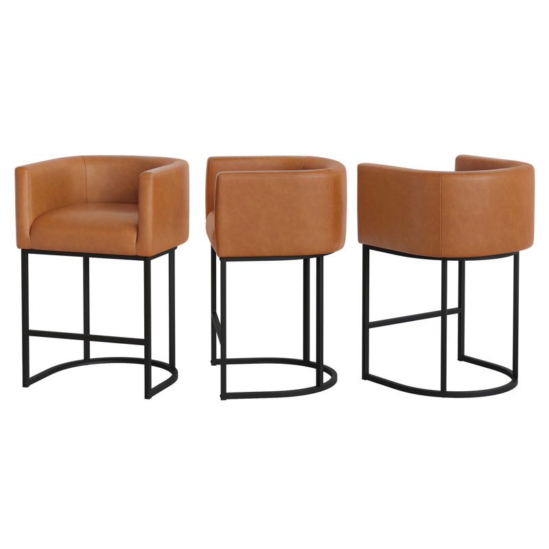 Upholstered Counter Stool, Yellowish Brown Faux Leather/ Black Frame