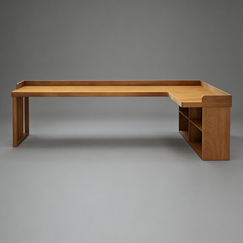Bureau d'angle en bois massif en forme de L avec rangement ouvert, conception à rebords surélevés et espace de travail spacieux pour le bureau à domicile