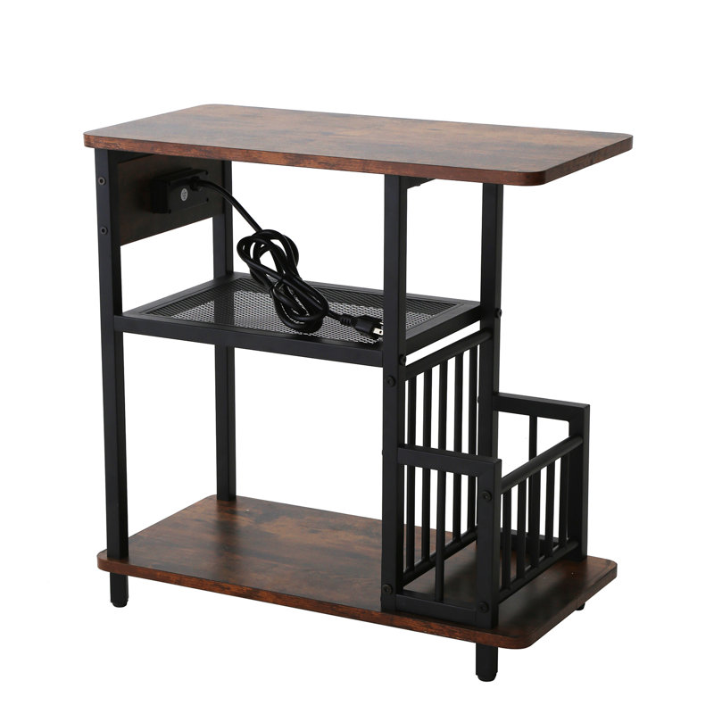 Brown Particle Board and Iron Side Table with USB Ports and Storage