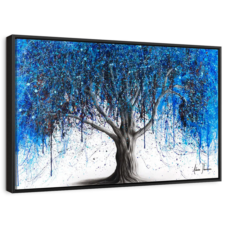 Arbre bleu au clair de lune, 25 po x 17 po, Cadre flottant noir