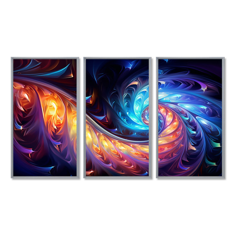 «Vibrant Fractal Glow Journey - Abstract Spirals», ensemble d'art mural, H 28 po x l 36 po x P 1 po, Encadrement argenté
