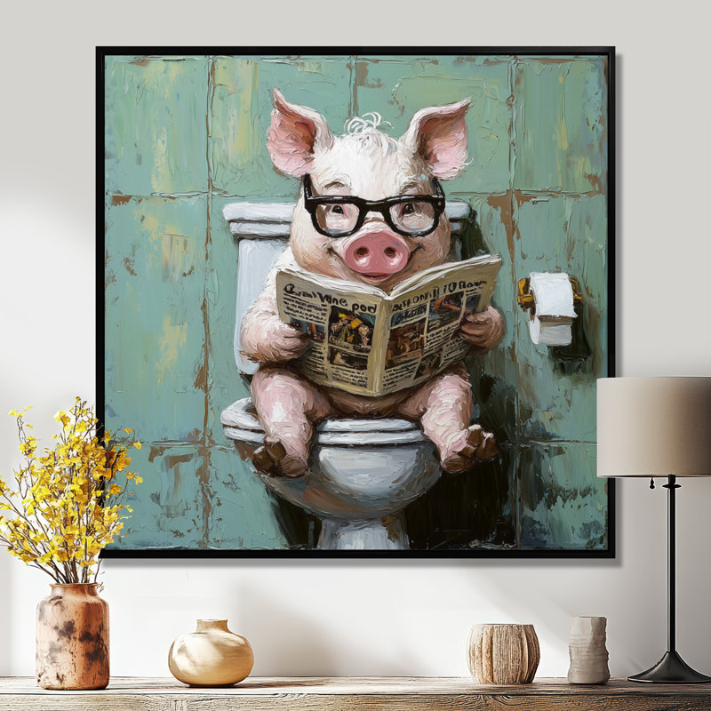 Keiaira, cochon de toilette lisant le journal III - cochon, art mural, H 16 po x l 16 po, Impression encadrée flottante