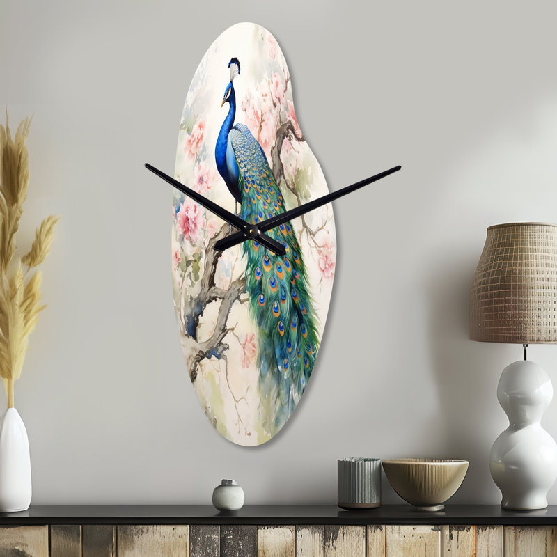 Dako Blue Ink Wash Peacock I - horloge murale asymétrique en métal paon, Grand