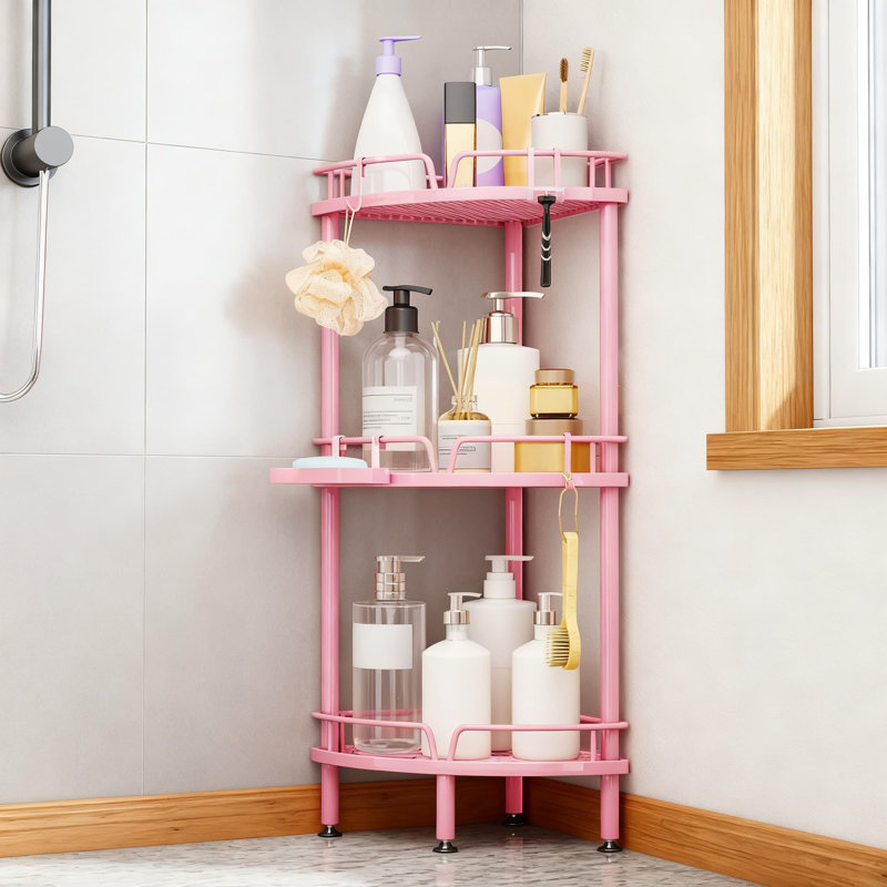 Premium 3-Tier Corner Shower Caddy Stand With Adjustable Feet, Soap Holder & 4 Hooks - Sturdy Floor Storage Organizer For Bathroom